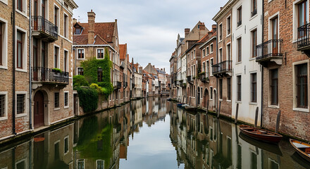 Fototapeta premium A narrow canal lined with historic buildings reflecting on calm water