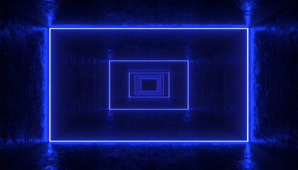 Abstract blue neon light square frames tunnel, digital art of geometric shapes, futuristic background, minimalist design concept