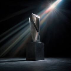 Abstract Metallic Sculpture Illuminated by Dramatic Spotlight Rays on Dark Pedestal.