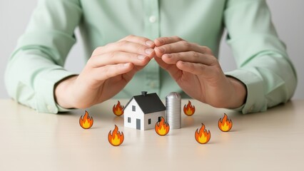 A protective hands shielding farmhouse with flames around, concept of risk fire prevention and safety protection