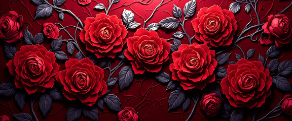 Luxury floral wallpaper featuring 3D embossed blossoms with gold, silver, and marble textures, elegant botanical mural in rich colors, abstract illustration for art prints, seamless 4K decorative back