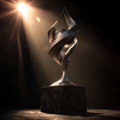 Abstract Metal Sculpture Illuminated by Dramatic Spotlight, Dark Background.