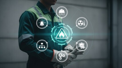 A glowing fire warning symbol with safety icons around worker in uniform, futuristic fire prevention and safety system
