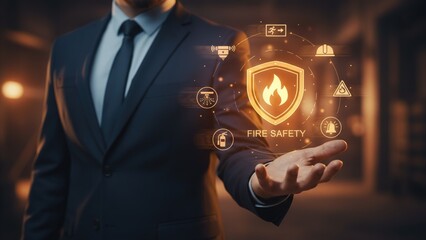 A businessman presenting a glowing fire safety shield with icons, innovation in fire prevention and safety