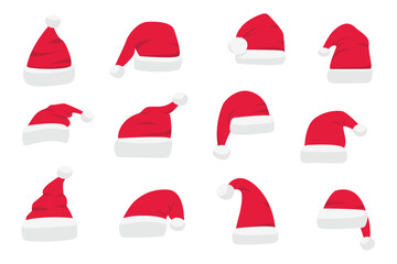 Set of Santa Hats, isolated. Vector santa claus hat collection. Outlined colorful holiday Christmas caps flat design.