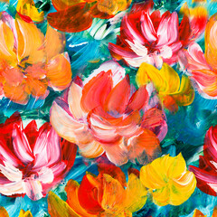 Seamless pattern of abstract painting red and yellow flowers, original hand drawn, impressionism style, color texture, brush strokes of paint,  art background.