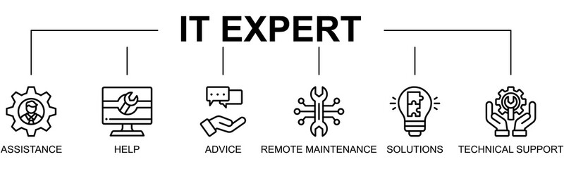 IT Expert banner web icon vector illustration concept with icon of IT expert, assistance, help, advice, remote maintenance, solution
