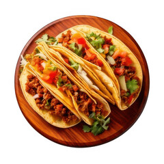  a group of tacos on a wood plate isolated on white and transparent background