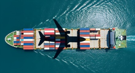 A Cargo Ship from Above, with an Airplane's Shadow