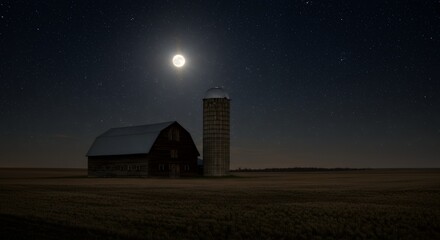 Nighttime farm scene silhouette barn silo moonlight dark sky agriculture rural landscape