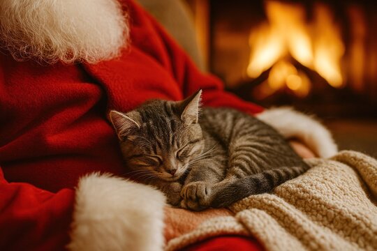 Santa Claus rests peacefully in an armchair in front of the fireplace, with a tender gray kitten curled up on his lap, transmitting warmth, peace, and the Christmas spirit. A warm image of home.