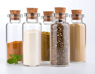 Several small glass jars filled with different spices
