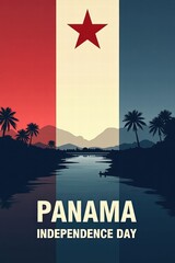Panama silhouette with river and palm trees for Independence Day  