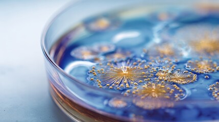 A Mesmerizing Macro View of Golden Starburst Microbial Colonies on Blue Agar.
