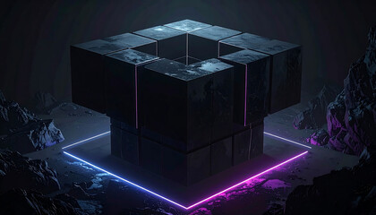 Futuristic Action, Abstract Cube, Digital Realm, 3D Render, Dark Environment, Aerial Perspective, Conceptual Art
