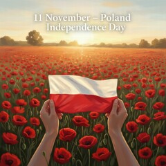 Hands holding Polish flag in poppy field during Independence Day  