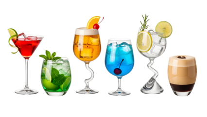 a set of cocktails: gin tonic, blue lagoon, tequila sunrise, iced irish coffee, pina colada, mai tai, cocktail with rum, whiskey, mojito, bar menu drinks, cocktails isolated PNG	