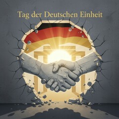 Hands shaking through cracked wall with German flag background for Independence Day  