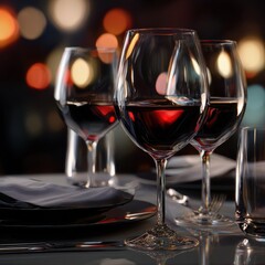 A Toast to the Night - Elegant Red Wine Glasses Glimmering Against a Warm Bokeh Backdrop.