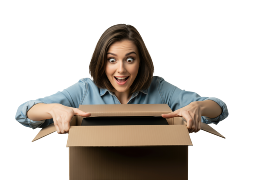 Woman Opening Box Surprise Action Unboxing Delivery Isolated PNG White
