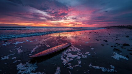 After the Ride - A Lone Surfboard on a Reflective Shore at Vibrant Sunset.