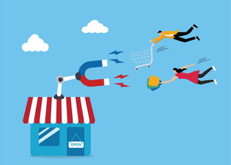 marketing or promotion to attract customers to come back and buy more products, illustrated by using magnets to attract customers. Stock Illustration