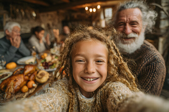 Video call from happy big family celebrate thanksgiving day october autumn event party small little girl kid make selfie mature grandfather say hi wave hand grandmother enjoy meal in house