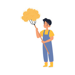 Man Farmer Character stand with Pitchfork and Hay Vector Illustration