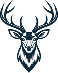 A minimalist deer iconic logo design Black and white illustration, deer head silhouette, majestic antlers, minimalist design, elegant profile, stylized wildlife art, sharp contrast, vector graphic,   © RazuArts