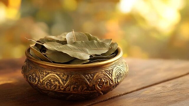 dried tej patta (Indian bay leaf) in a traditional indian brass spice container video