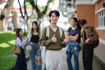 Smiling university student gives a thumbs-up while holding notebooks on a vibrant college campus.