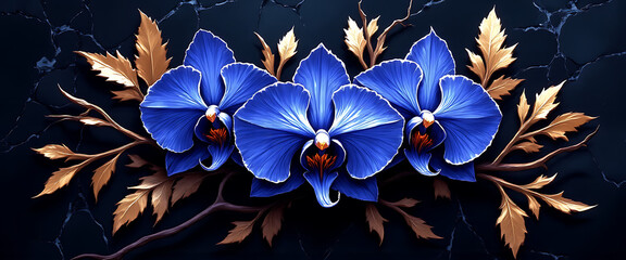 Luxury floral wallpaper featuring 3D embossed blossoms with gold, silver, and marble textures, elegant botanical mural in rich colors, abstract illustration for art prints, seamless 4K decorative back