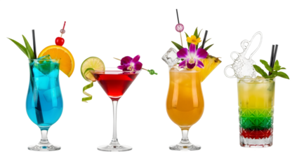 a set of cocktails: gin tonic, blue lagoon, tequila sunrise, iced irish coffee, pina colada, mai tai, cocktail with rum, whiskey, mojito, bar menu drinks, cocktails isolated PNG