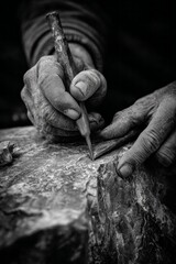 Skilled hands carefully carve and shape a stone, focusing on the intricate details with a chisel.