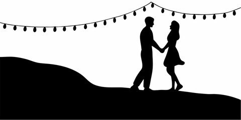 Romantic silhouette of couple holding hands under string lights, perfect for wedding invitations or love themed designs, charming and elegant illustration