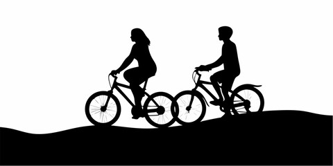 Fototapeta premium Active couple silhouette cycling outdoors, enjoying fitness and healthy lifestyle, promoting wellness and recreational activity on bikes, family fun.