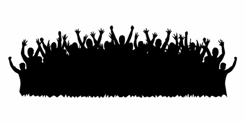 Dynamic crowd silhouette with raised hands expressing joy and excitement, perfect for event promotions or celebrating success, vibrant energy illustration