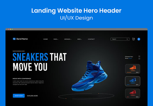 Modern Shoes Store Website Hero Header UI Design with Dark Theme