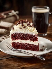 A decadent slice of red velvet cake with cream cheese frosting, served on a white plate with a fork