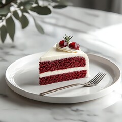 A decadent slice of red velvet cake with cream cheese frosting, served on a white plate with a fork