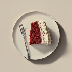 A decadent slice of red velvet cake with cream cheese frosting, served on a white plate with a fork