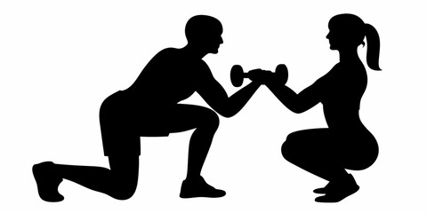 Dynamic fitness duo lifting weights together, inspiring strength and teamwork, promoting health and wellness, perfect for gym ads and motivational content