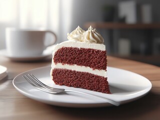 A decadent slice of red velvet cake with cream cheese frosting, served on a white plate with a fork