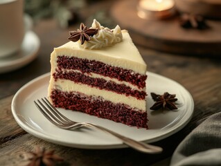 A decadent slice of red velvet cake with cream cheese frosting, served on a white plate with a fork