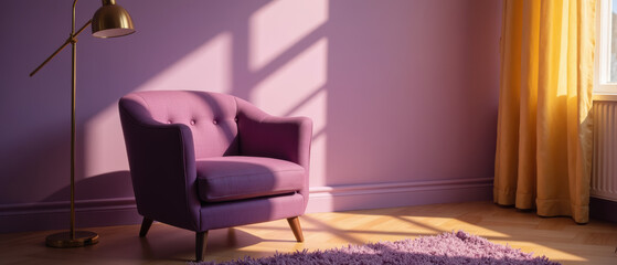 Cozy purple armchair sits in sunlit room with soft rug and golden curtains, creating warm and inviting atmosphere