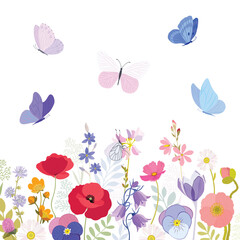 Summer meadow flowers. Poppy flowers. Pink, red, blue, green colors. Flower illustrations, summer field, butterflies. Herbal decoration, romantic wildflowers, kitchen towel, tablecloth, dress for girl