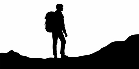 Confident explorer with a large backpack stands on a hill, ready for challenging treks and thrilling outdoor adventures.