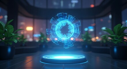 Glowing Blue Holographic Orb On Pedestal In Modern Lobby