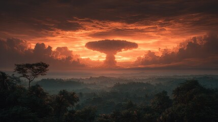 Apocalyptic Mushroom Cloud Erupts Under a Fiery, Ominous Sunset Sky.