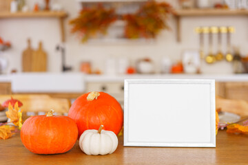 Bright pumpkins and blank cardboard on wooden table in cozy kitchen background, perfect for autumn, fall or Halloween and Thanksgiving decor. Mockup, template, copy space